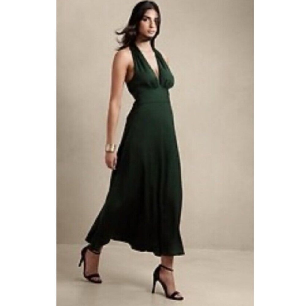 Banana Republic Midi Dress 10 Forrest Green Silky Sleeveless V Neck NWT $120